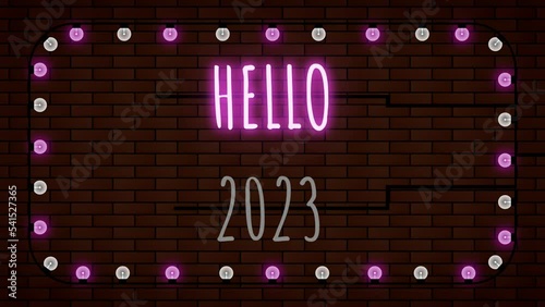 hello 2023 seamless blinking light animation in Neon colour stayle. photo