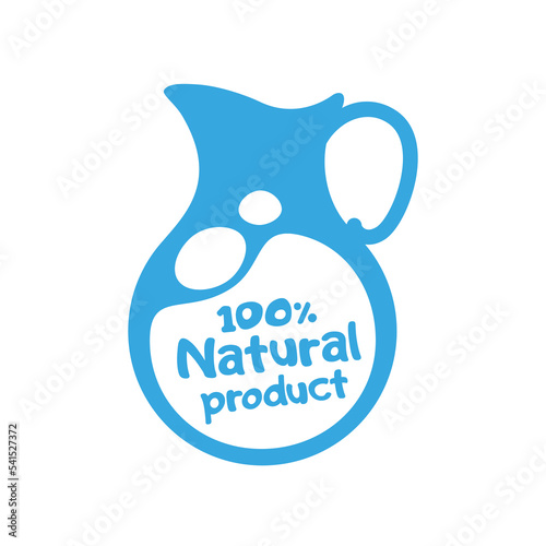 Logo or badge template for organic dairy products. Blue jug with white milk on a white background. Vector, illustration