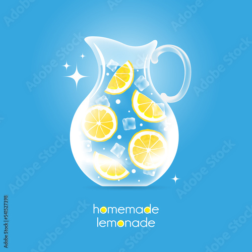 Glass jug with water, lemon slices and ice cubes on a blue background. Design concept for advertising, cold drinks. Vector, illustration