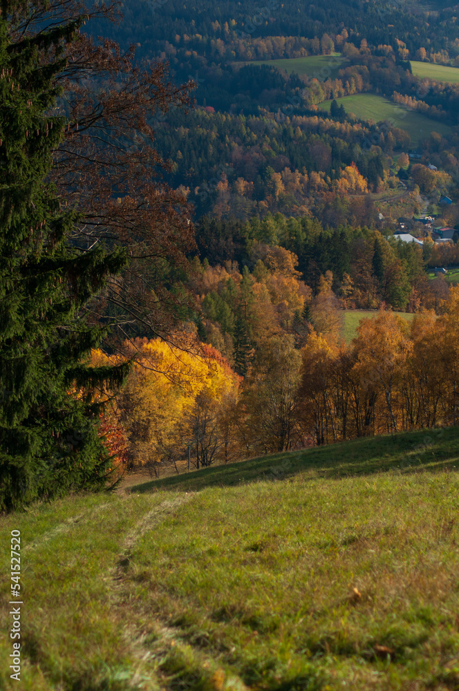 beautiful autumn landscape. view from the mountain to the green fields, trees. tranquility and nature beautiful autumn landscape. view from the mountain to the green fields, trees. tranquility and nature
