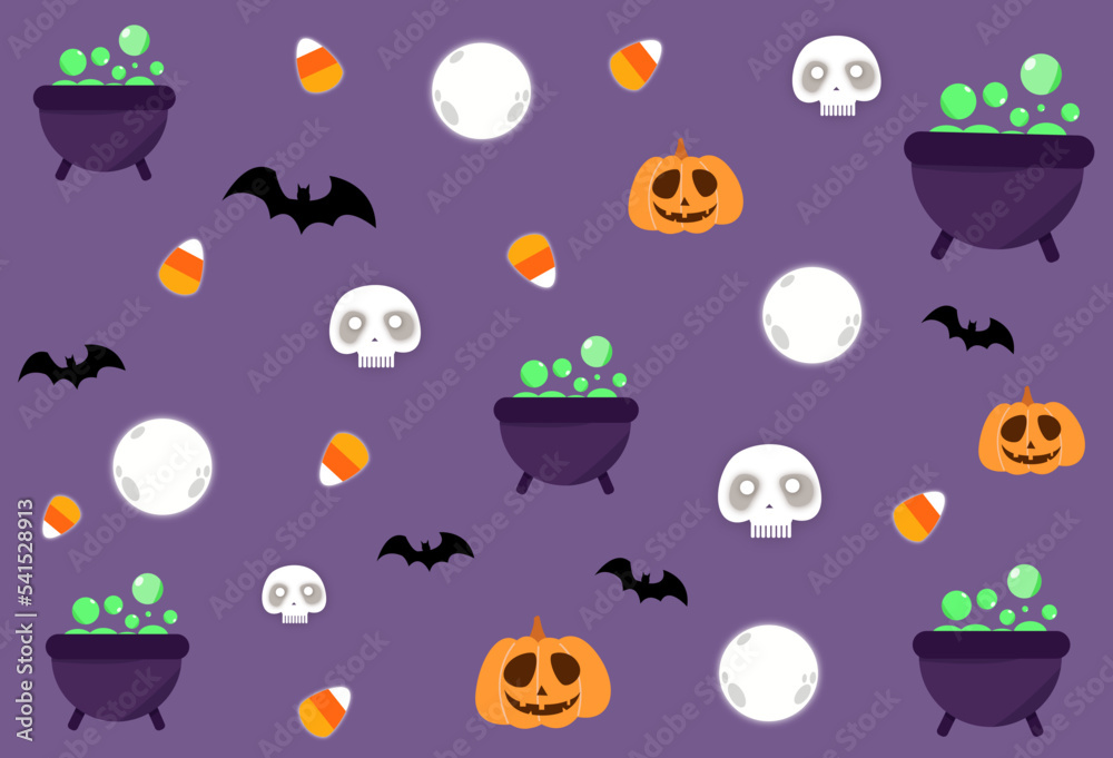 Fototapeta premium Vector halloween background.Wrapping paper background.Illustration with bats, pumpkins and candies