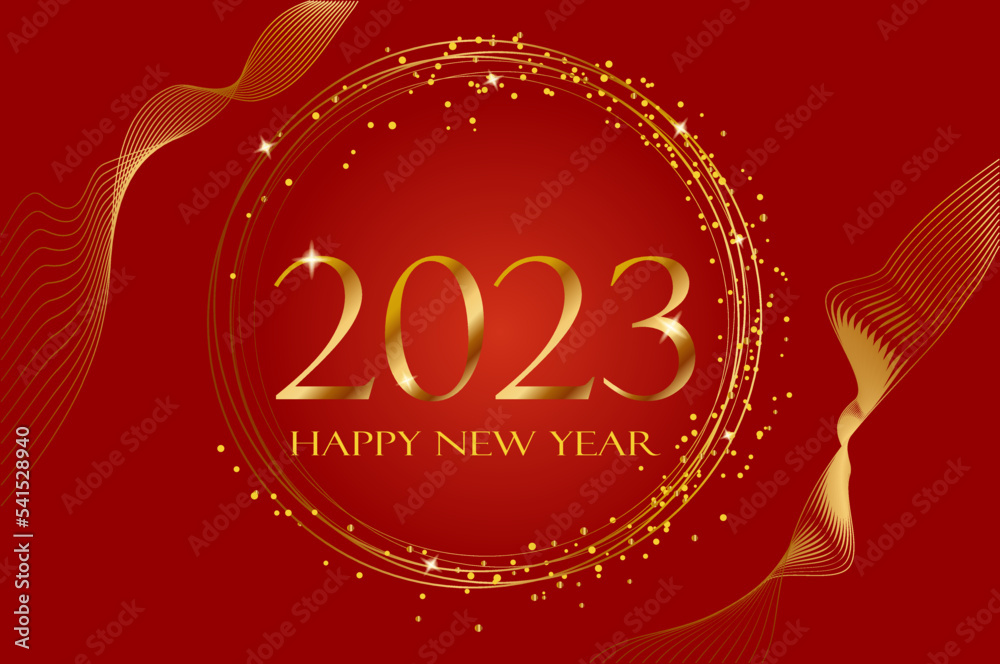 luxurious banner for  new year 2023 on red background with gold elements and waves. Greeting holiday card, background, wallpaper happy new year.