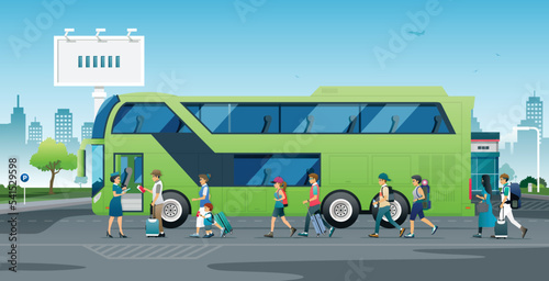 Tourists are checking their tickets before boarding the sightseeing bus.