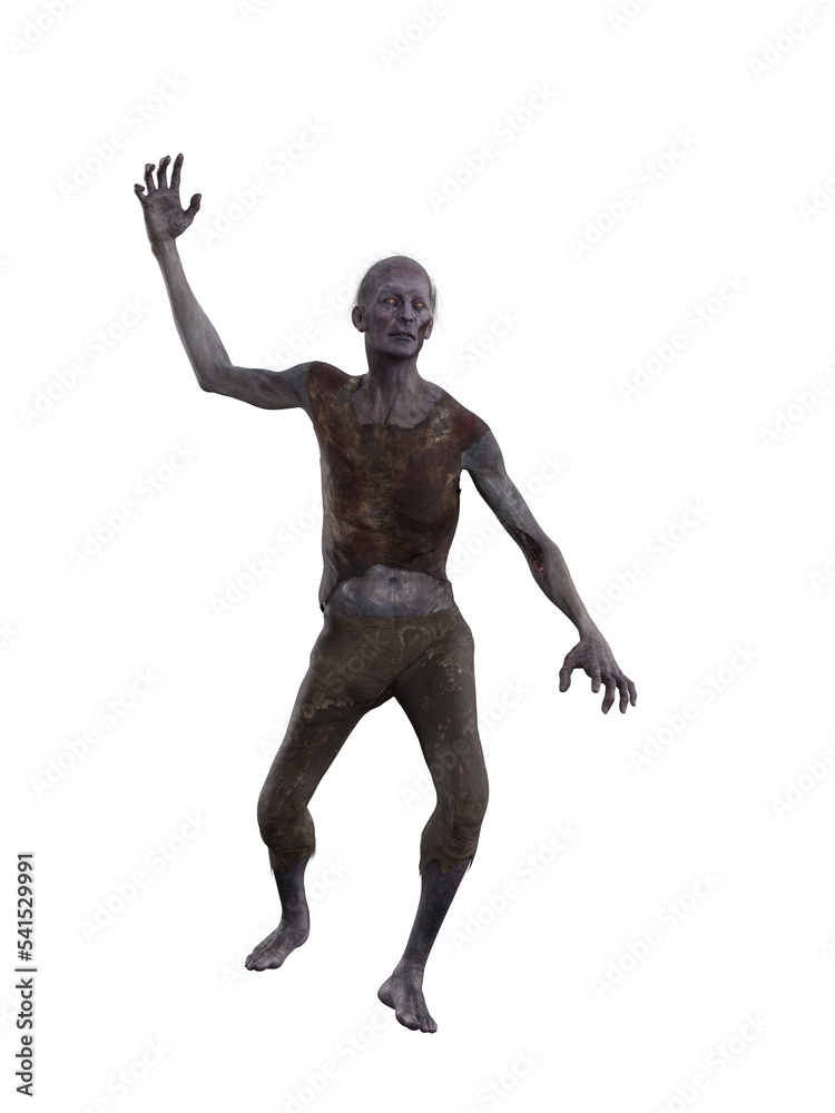 Skinny old zombie man chasing with arm raised. Isolated 3D rendering.
