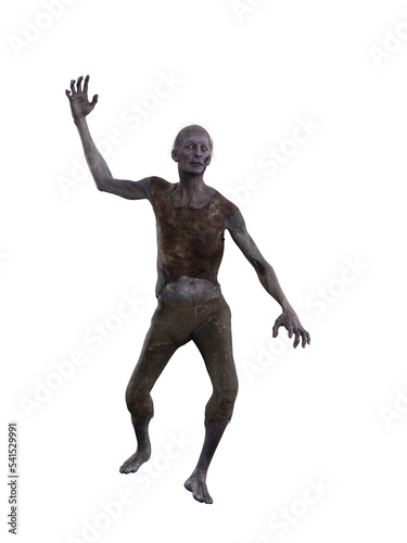 Skinny old zombie man chasing with arm raised. Isolated 3D rendering.