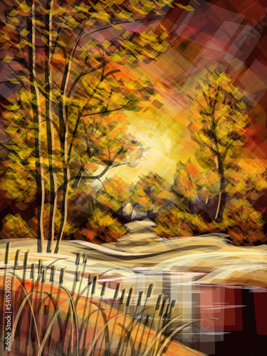 a painting of reeds over an evening marsh