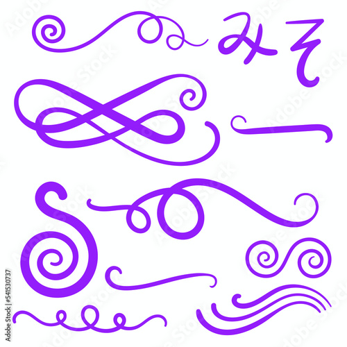 Purple Swirls Swoosh Marks with Vector Hand Drawn Highlighter Accent Line Designs