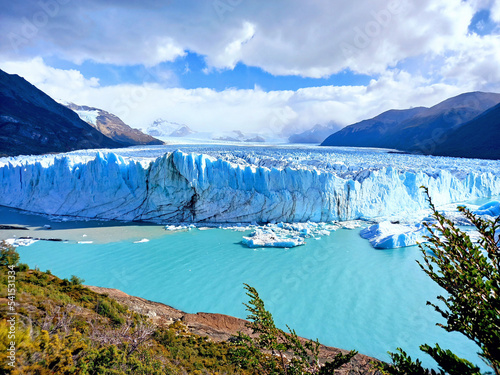 Panoramic view of the Perito Moreno Glacier in Los Glasyares National Park, Patagonia, Argentina. Extreme nature and polar landscapes.