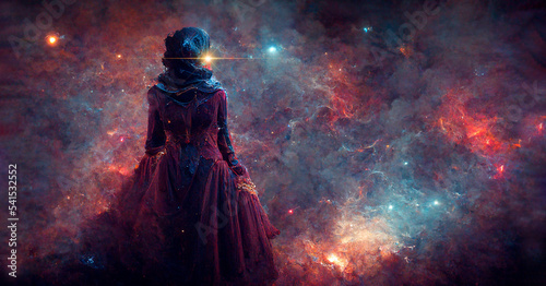 Fantasy woman walking levitating in space. Abstract artistic multicolor dimensional galactic nebula, stars, planets.