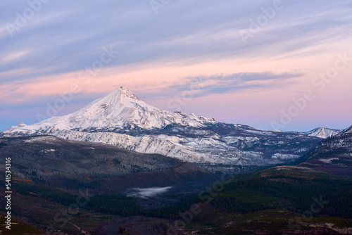 View of the Mt Jefferson before sunrise in Oregon.