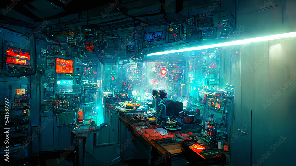 Messy cyberpunk workspace