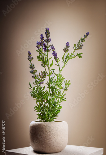  Beige ceramic pot with lavender on natural marble stone podium. Studio, product personation, mock up. 3d illustration photo