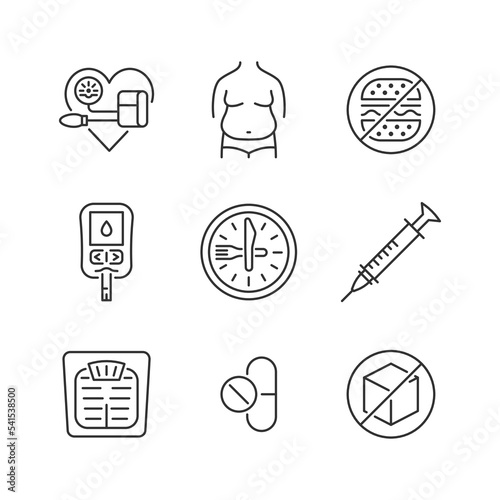 Diabetes prevention and treatment  line icon set.  Symbol of diet, weight control, obesity, glucometer, pressure blood monitor, drug. Editable stroke.