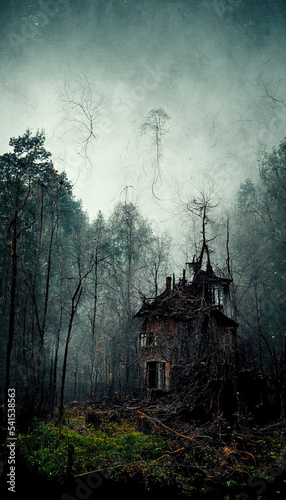 Creepy forest with abstract house digital painting tall old, weathered collapsed cabin tall mysterious horror forest with fog fairy tale place with spiderwebs and spiders
