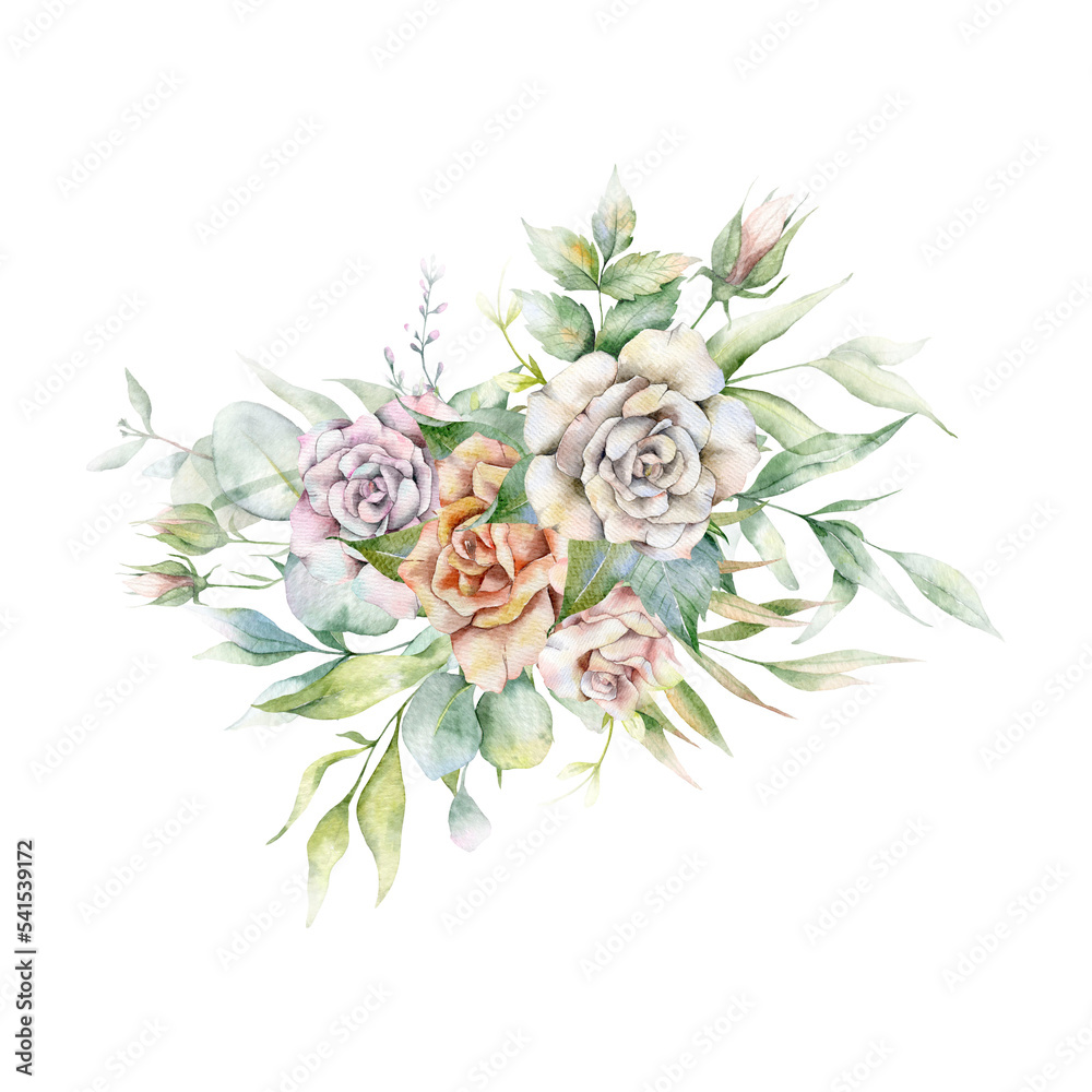 Eucalyptus Bouquet Watercolor, Floral Bouquet, Greenery Arrangement, Floral Arrangement, Green Leaves Composition with Pastel Rose Flowers hand Painted Watercolor Illustration
