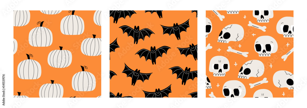 Set of seamless patterns with halloween pumpkins, bats and skulls. Autumn vector backgrounds