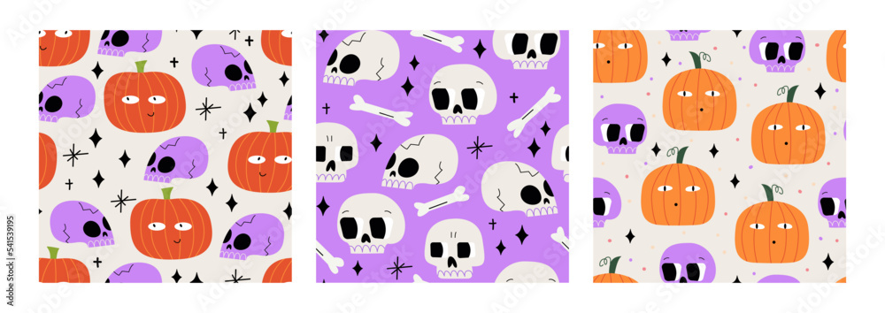 Set of seamless patterns with halloween pumpkins and skulls. Autumn vector backgrounds