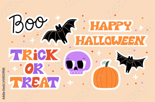 Set of cute halloween stickers. Funny vector flat illustration. Skull, pumpkin, bats and lettering. Trick or treat, boo lettering words. 