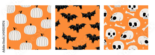 Set of seamless patterns with halloween pumpkins, bats and skulls. Autumn vector backgrounds