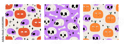 Set of seamless patterns with halloween pumpkins and skulls. Autumn vector backgrounds