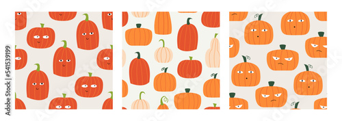 Set of seamless patterns with halloween pumpkins with funny faces. Autumn vector backgrounds