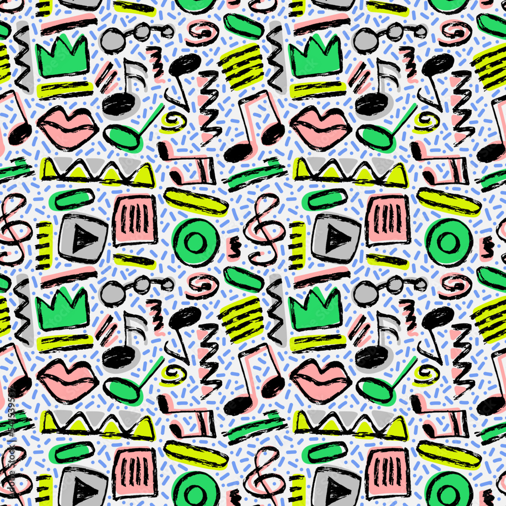 Vector seamless hand-drawn pattern with ovals, swirls, stripes, rectangular shape, crown, lips, zigzag, play button, music notes and treble clef. Grunge shapes colorful backdrop.