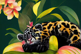cute leopard sleeping on tropical jungle full of exotic flowers and leaves. Amazing tropical floral pattern for print, web, greeting cards, wallpapers, wrappers. Digital art