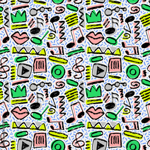 Vector seamless hand-drawn pattern with ovals  swirls  stripes  rectangular shape  crown  lips  zigzag  play button  music notes and treble clef. Grunge shapes colorful backdrop.