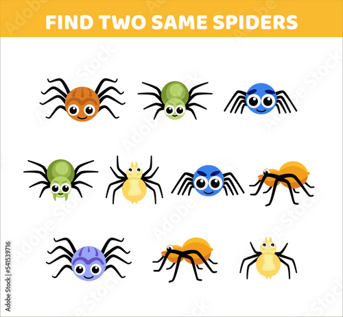 Spiders. Find two same pictures of spiders. Game for children. Flat, cartoon, vector © Aleksandra