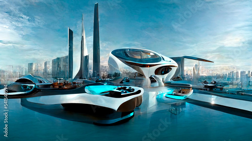 Futuristic urban landscape. Virtual reality. Megapolis with robotic computer technologies. 2025.