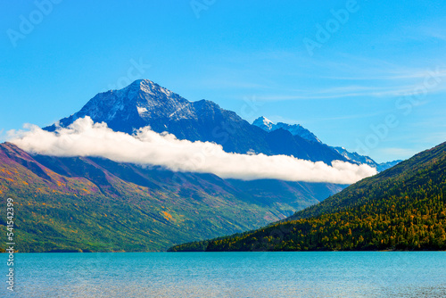 Mountain and clouds over lake in Alaska