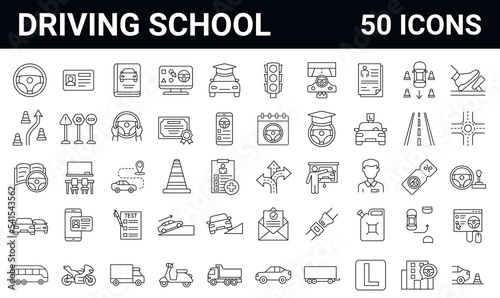 Set of 50 driving school line icons. Editable stroke. 