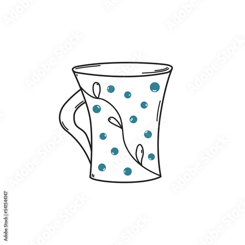 Hand drawn cup with plant ornament and colorful dots doodle style, vector illustration isolated on white background. Black outline, decorative design element, tableware (ID: 541544147)