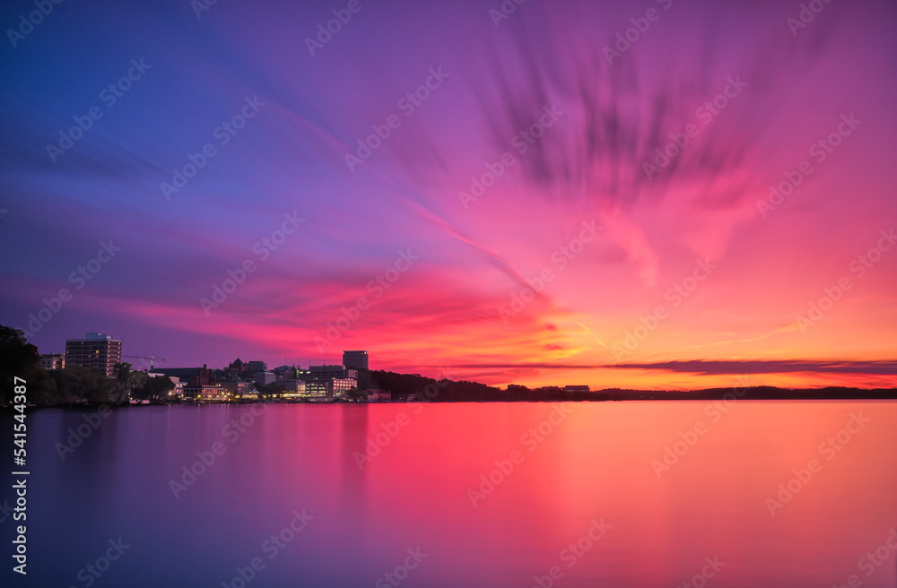 Sunset lighting up the sky over Lake Mendota, Madison, WI.