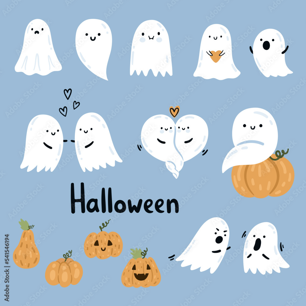 Vector Set Of Cute Funny Ghost Characters With Different Emotions and Faces. Magical Creepy Spirits and Pumpkins. Cartoon Flat Spooky Poltergeists. Halloween Print For Children. Couple Ghosts In Love. Vector Set Of Cute Funny Ghost Characters With Different Emotions and Faces. Magical Creepy Spirits and Pumpkins. Cartoon Flat Spooky Poltergeists. Halloween Print For Children. Couple Ghosts In Love.