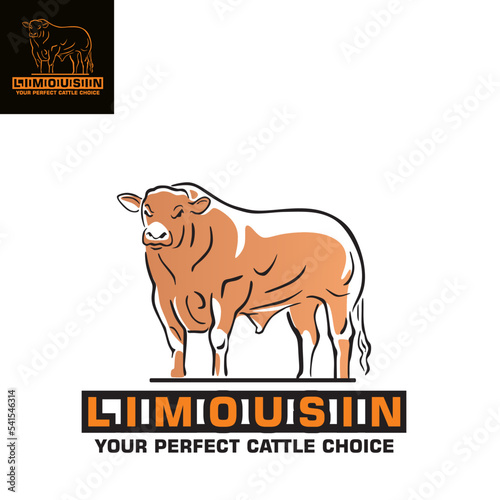 LINE DRAAWING LIMOUSIN BULL LOGO, silhouette of big and  strong cattle standing vvector illustrations
