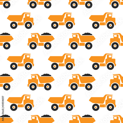 Large orange mining dump trucks isolated on white background. Side view. Cute transport seamless pattern. Vector simple flat graphic illustration. Texture.