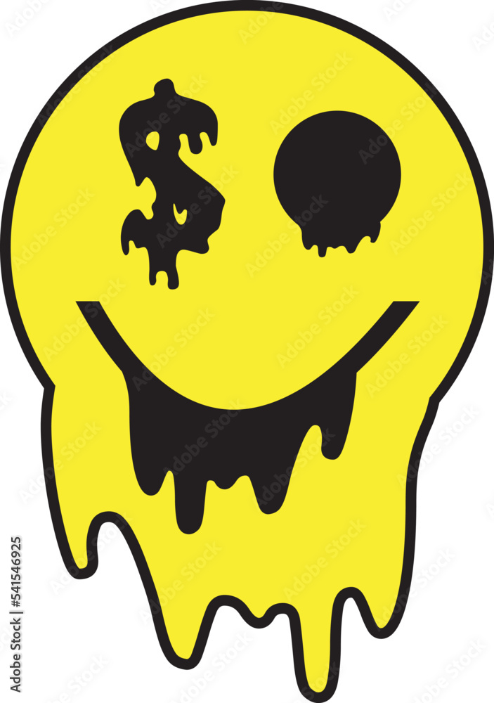 Melted smiling face with dollar symbol. Acid rave style. Psychedelic positive emoji. Vector illustration. Melted smiling face with dollar symbol. Acid rave style. Psychedelic positive emoji. Vector illustration.