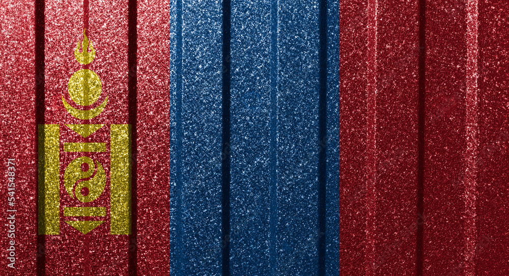 Textured flag of Mongolia on metal wall. Colorful natural abstract geometric background with lines. Textured flag of Mongolia on metal wall. Colorful natural abstract geometric background with lines.