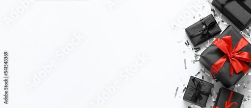 Many gift boxes on white background with space for text, top view