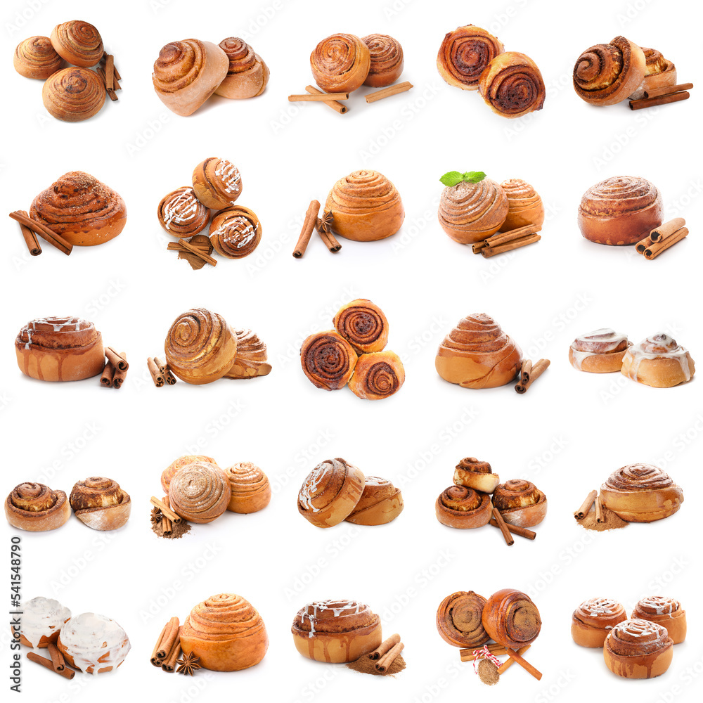 Set of many sweet cinnamon buns isolated on white Set of many sweet cinnamon buns isolated on white