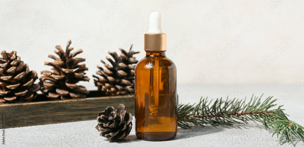 Bottle with coniferous cone essential oil on light background Bottle with coniferous cone essential oil on light background