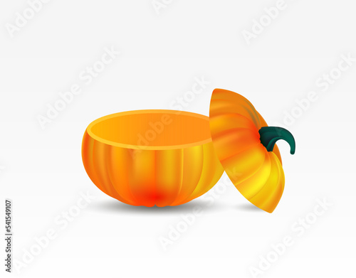 Realistic orange color pumpkin with cut top isolated on white background. Cut slice of vegetable. 3D object for design. Vector illustration.