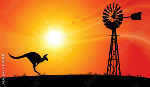 windmill and kangaroo australian silhouette sunset