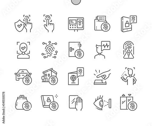 Biometric authentication. Voice recognition, fingerprint, door lock and other. Biometric passport. Pixel Perfect Vector Thin Line Icons. Simple Minimal Pictogram