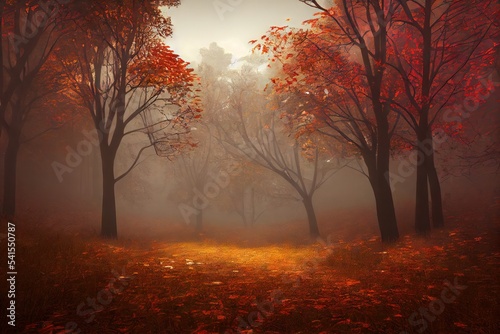 Magical autumn woods with thick fog fall colours generative ai 