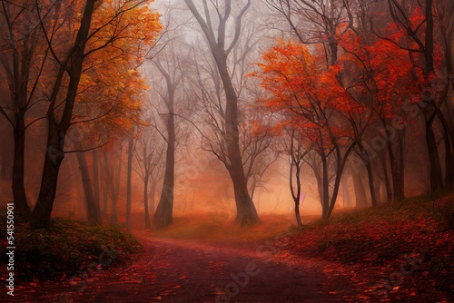Magical autumn woods with thick fog fall colours generative ai 