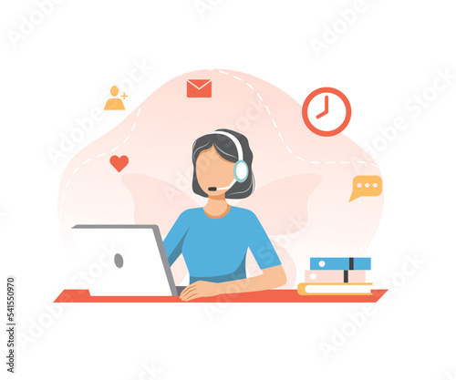Secretary day girl flat illustration work at home concept online worker with laptop and headphones