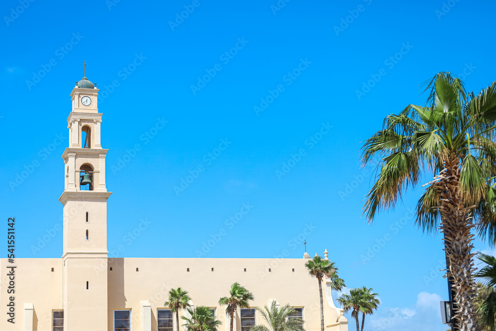 View of beautiful church and palm trees on sunny day