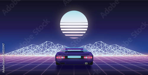1980s retro wave background, 3d illustration of a future car driving through neon cyberpunk perspective grid. Old school video racing game 